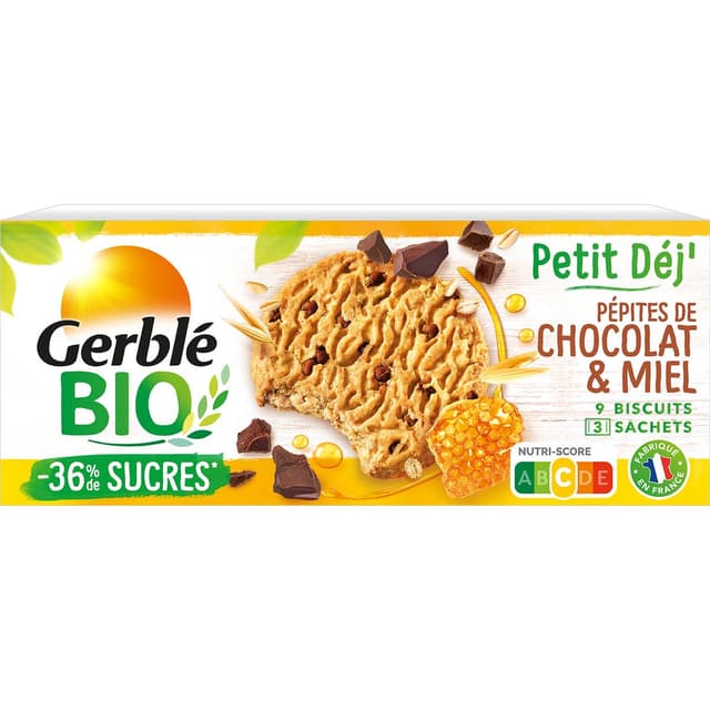 3175681290433 - Gerblé Bio - 9 Biscuits Petit Déj Pépites de Chocolat et Miel Bio -36 de sucres en mois