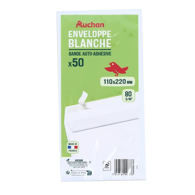 3254564048733 - Auchan - 50 Enveloppes blanches auto-adhésive