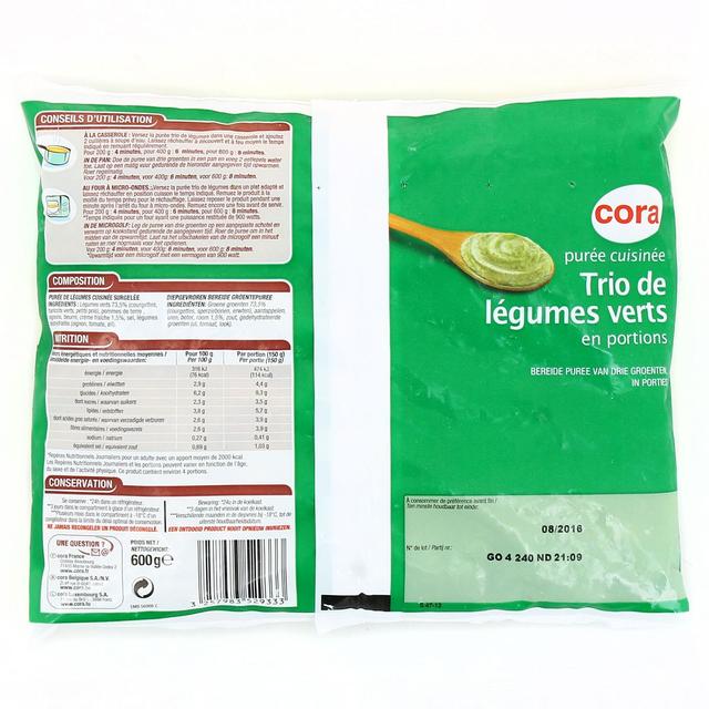 3257983529333 - Cora - Purée de trio de légumes verts- Courgettes, haricots verts, petits pois doux à la crème fraîche