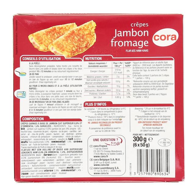 3257980890634 - Cora - 6 Crêpes jambon fromage 6x50g