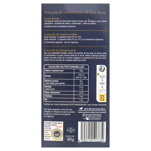 3596710513734 - Auchan Collection - Foie gras de canard entier du Sud-Ouest
