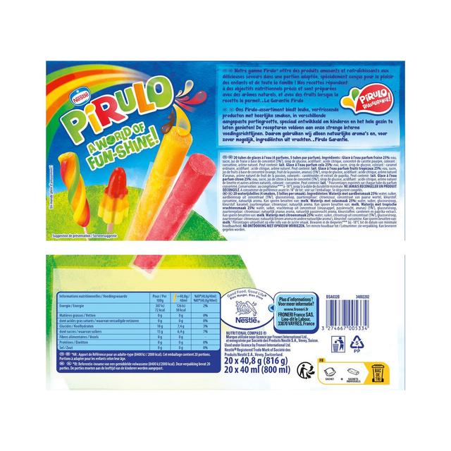 3274667005334 - Pirulo - 20 tubes de glaces à l'eau 4 parfums - Fraise, Cola, Citron, Tropical 20x40ml
