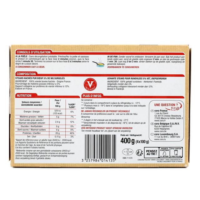 3257984014135 - Cora - 4 Steaks hachés pur boeuf 5% MG 4x100g