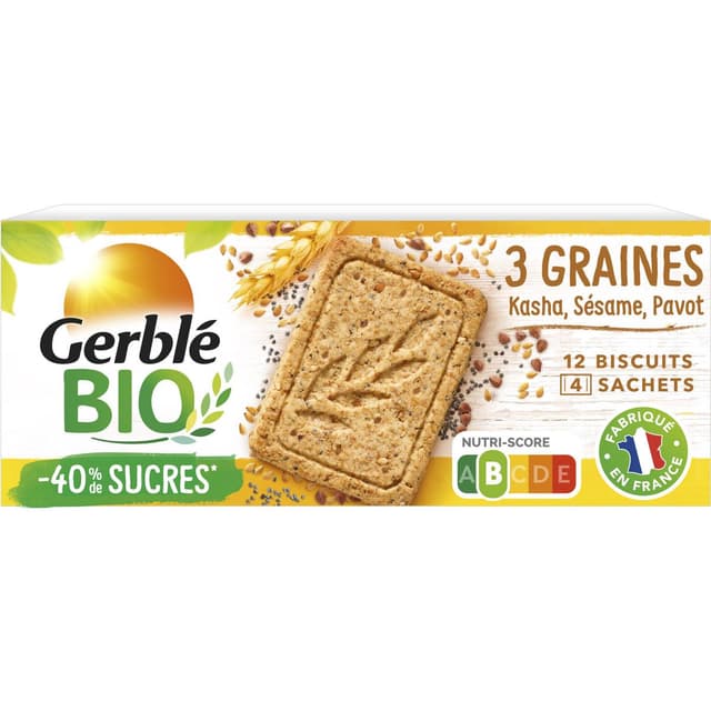 3175681257535 - Gerblé Bio - 12 Sablés 3 graines Kasha Sésame Pavot Bio -43% de sucres en moins