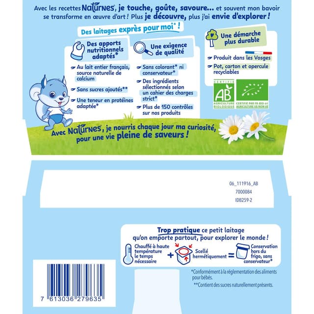 7613036279635 - Naturnes® - P'tit Brassé - Dessert Lacté Nature Bio Coupelle Bébé Dès 6 mois