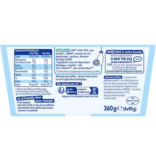 7613036279635 - Naturnes® - P'tit Brassé - Dessert Lacté Nature Bio Coupelle Bébé Dès 6 mois