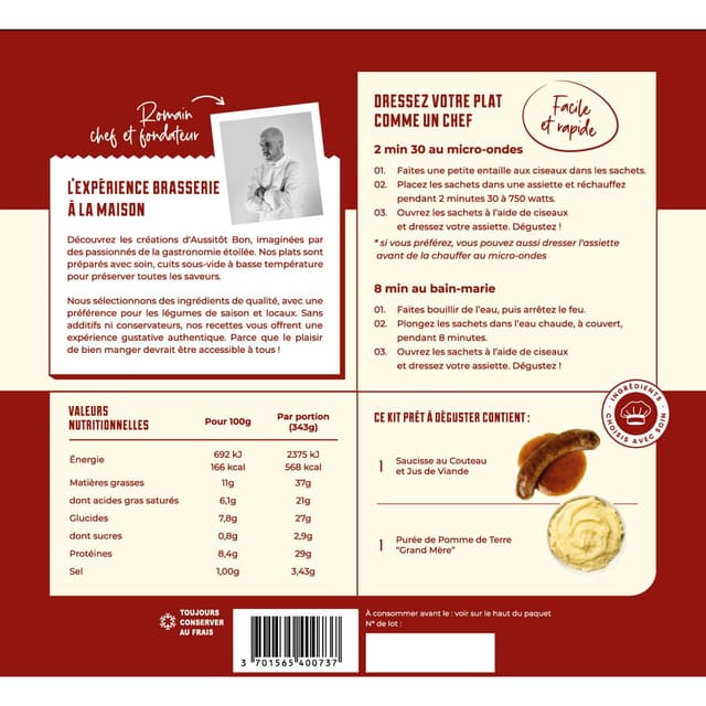3701565400737 - Aussitôt Bon - Saucisse Purée Grand-Mêre