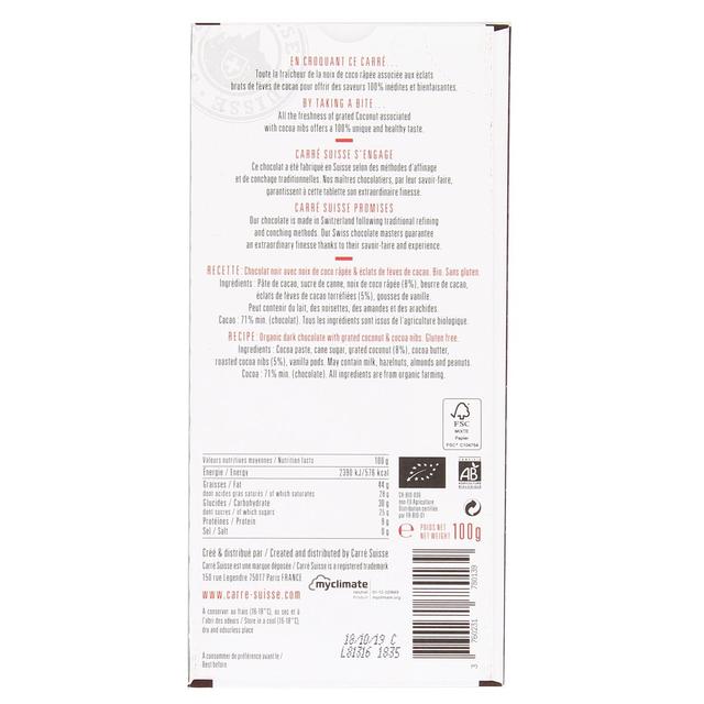 3760231780139 - Carré Suisse - Chocolat noir Bio 71% Noix de Coco râpée- N° 24