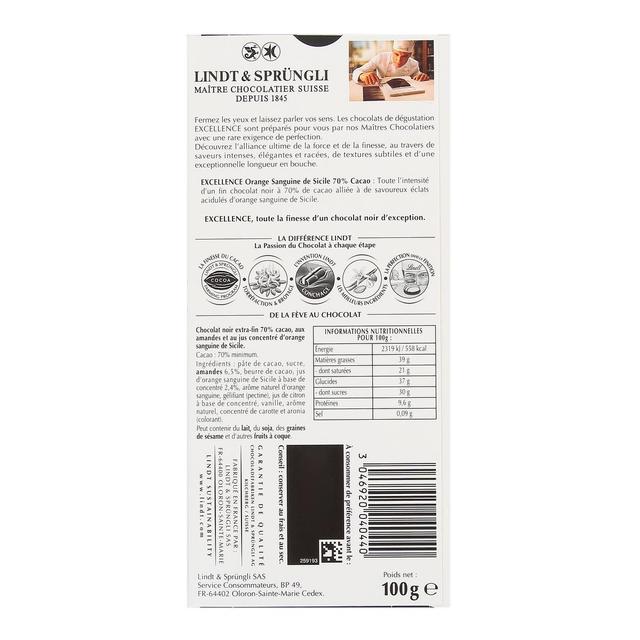 3046920040440 - Lindt - Chocolat excellence Noir 70% Orange Sanguine