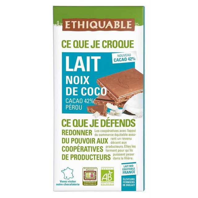 3760091720641 - Ethiquable - Commerce Equitable - Chocolat Lait Noix de Coco 42% Cacao Bio du Pérou