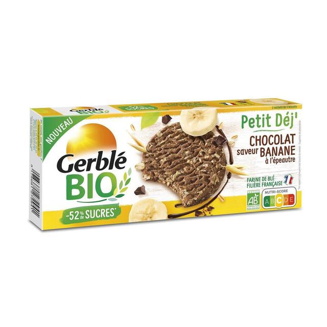 3175681272941 - Gerblé Bio - 9 Biscuits Petit déj' Chocolat saveur Banane Bio -52% de sucres en moins