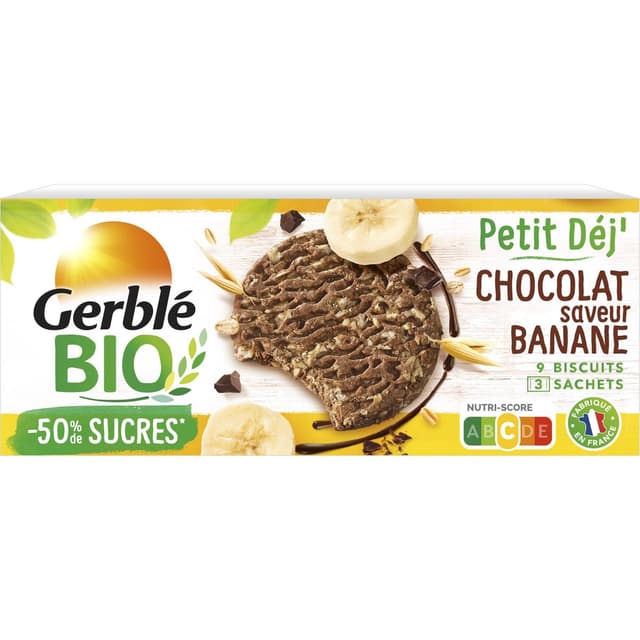 3175681272941 - Gerblé Bio - 9 Biscuits Petit déj' Chocolat saveur Banane Bio -52% de sucres en moins