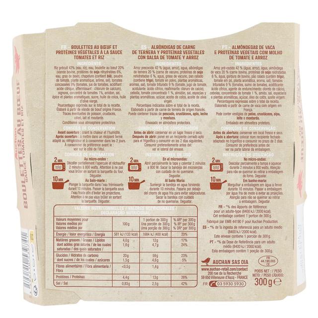 3596710539741 - Auchan - Boulettes au Boeuf Sauce Tomate et Riz Micro-ondes