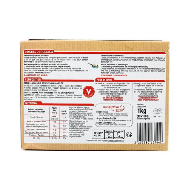 3257980631442 - Cora - 10 Steaks hachés pur boeuf 15% Mg 10x100g