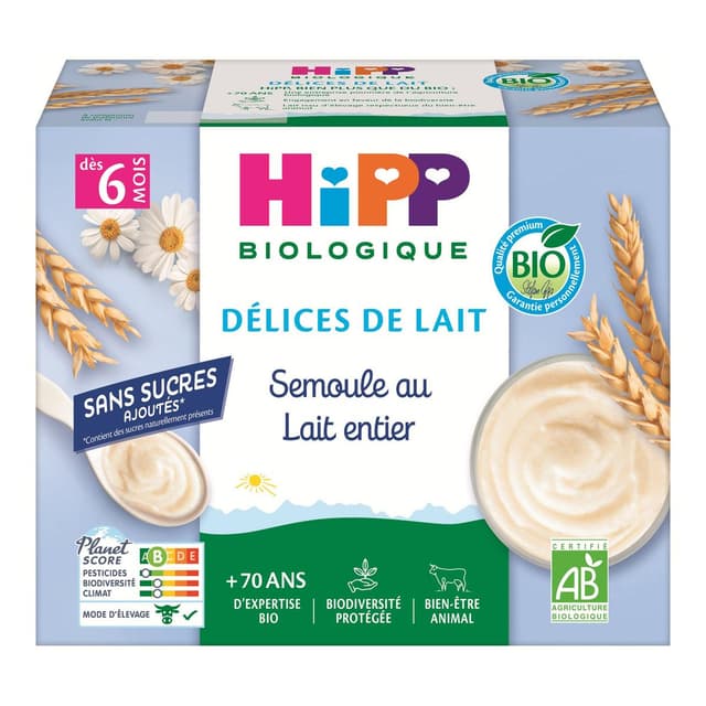 4062300032842 - Hipp - Délices de Lait - Semoule au Lait Entier Bio Coupelle Bébé Dès 6 mois