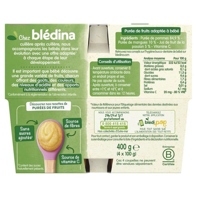 3041091400444 - Blédina - Pommes, Mangue, Passion Coupelle Bébé Dès 8 mois