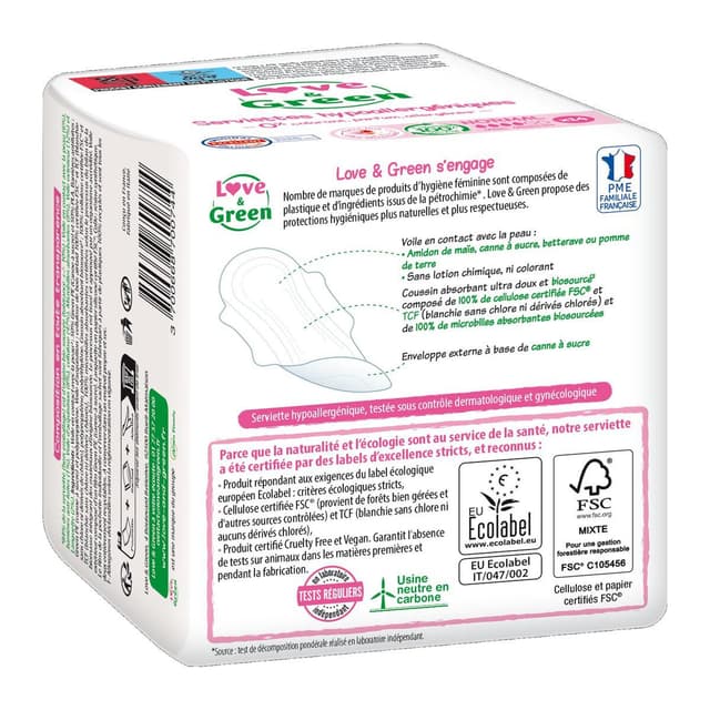 3700668700744 - Love & Green - Serviettes hygiéniques flux normal anti-irritations