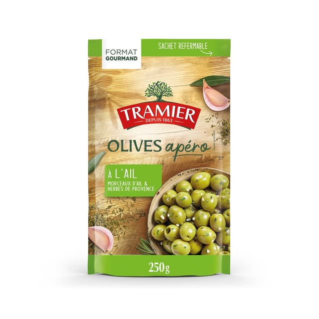 3017239005444 - Tramier - Olives vertes dénoyautées apéro à l'ail Format Généreux en sachet
