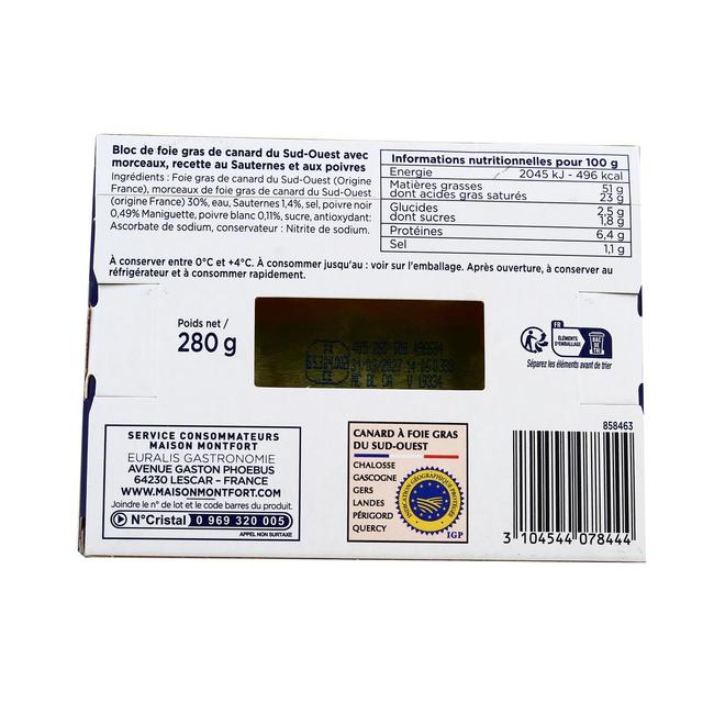 3104544078444 - Maison Montfort - Bloc de Foie Gras de Canard du Sud-Ouest avec Morceaux au Sauternes et Poivres Gastronomique