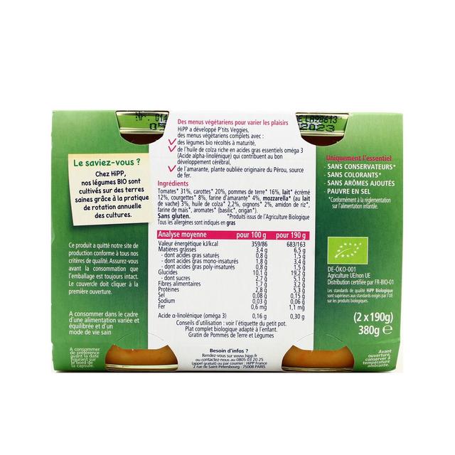 4062300381445 - Hipp - P'tits Veggies - Gratin de pomme de terre et Légumes Bio Pot Bébé Dès 8 mois