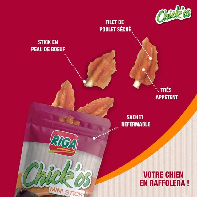 3166780045345 - Riga Chick'Os - Filets de Poulet et Mini Stick - Friandise Récompense pour chien petit et moyen x8