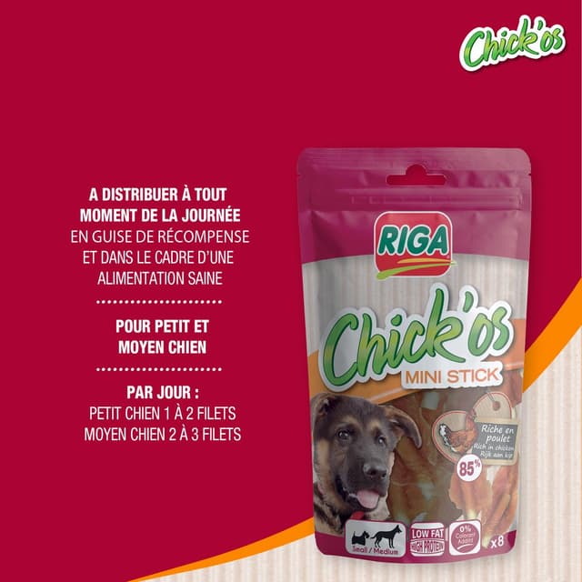 3166780045345 - Riga Chick'Os - Filets de Poulet et Mini Stick - Friandise Récompense pour chien petit et moyen x8