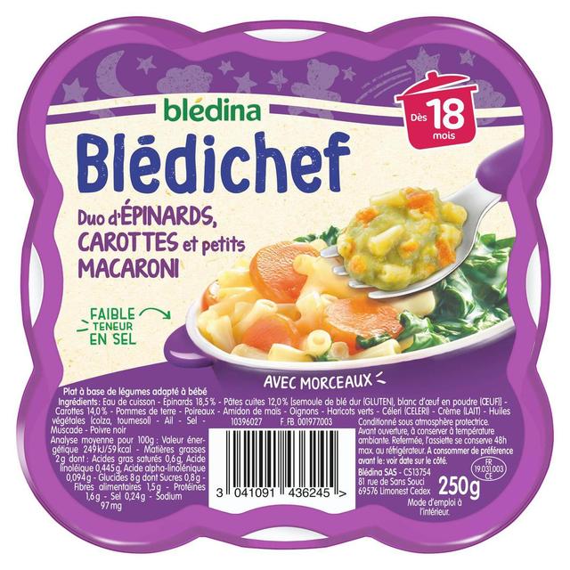 3041091436245 - Blédina - Blédi'chef - Duo Epinard Carotte et Petits Macaronis Assiette Bébé Dès 18 mois