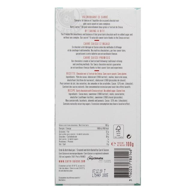 3760231780146 - Carré Suisse - Chocolat noir extrait de stévia sans sucre ajouté