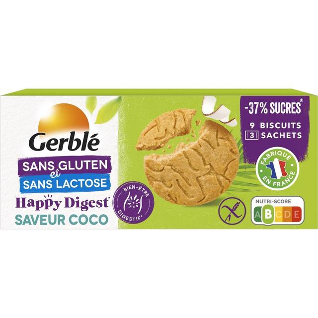 3175681302747 - Gerblé Sans Gluten Sans Lactose - 9 biscuits Saveur Coco sans gluten -37% de sucres en moins - Happy Digest