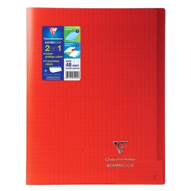 3037929844047 - Clairefontaine - Cahier Kover Book 24 x 32 cm grands carreaux rouge translucide