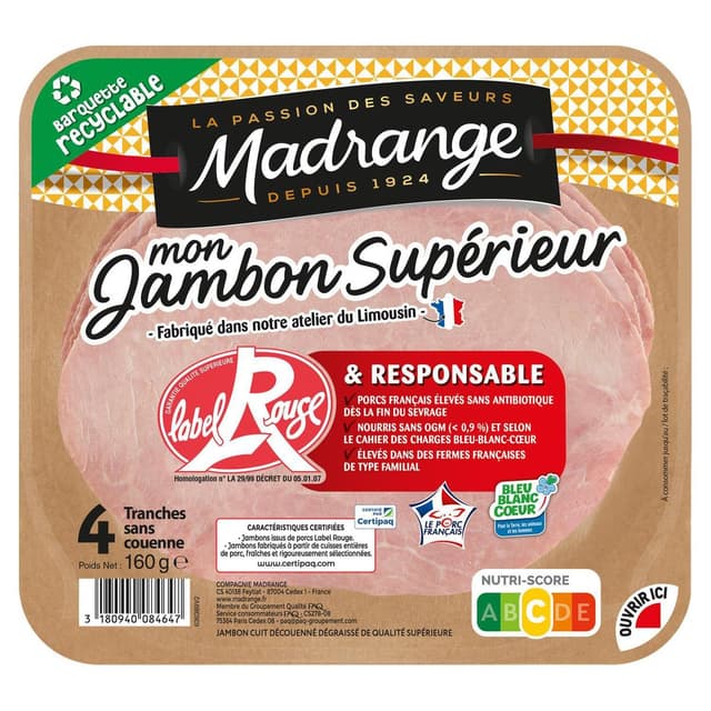 3180940084647 - Madrange - Jambon Supérieur Label Rouge, 160g
