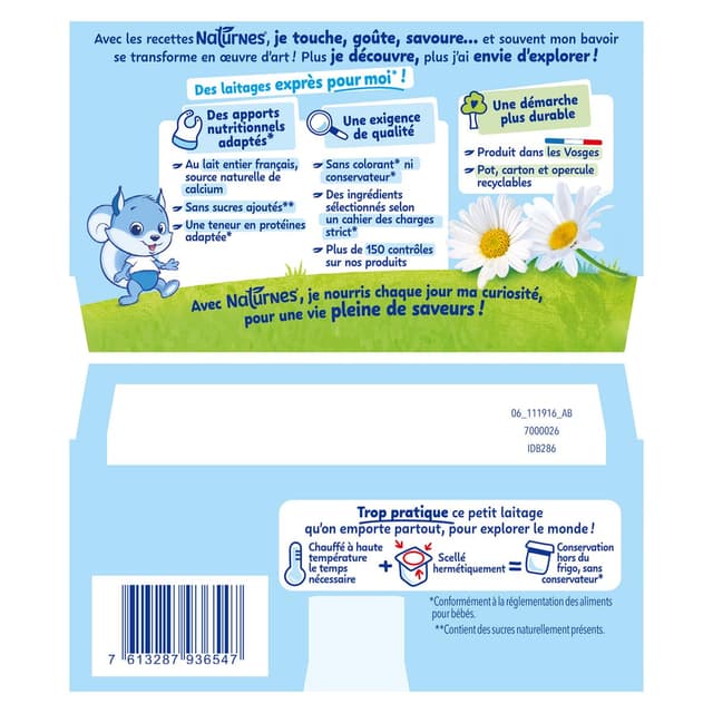 7613287936547 - Naturnes® - P'tit Brassé - Dessert Lacté Nature Sans Sucres Ajoutés Coupelle Bébé Dès 6 mois