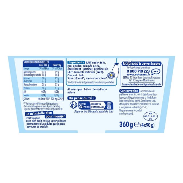7613287936547 - Naturnes® - P'tit Brassé - Dessert Lacté Nature Sans Sucres Ajoutés Coupelle Bébé Dès 6 mois