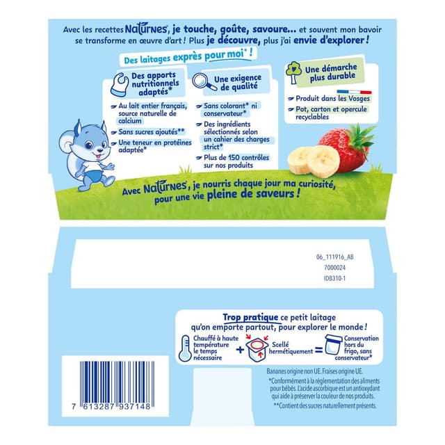 7613287937148 - Naturnes® - P'tit Brassé - Dessert Lacté Banane Fraise Coupelle Bébé Dès 6 Mois