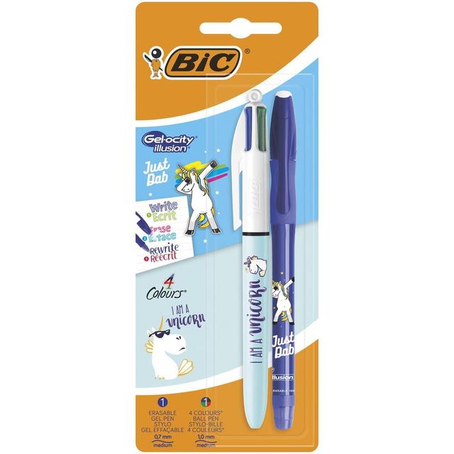 3086123547049 - Bic - Stylo roller Gel-Ocity encre bleue effaçable + stylos 4 couleurs Original décor licorne