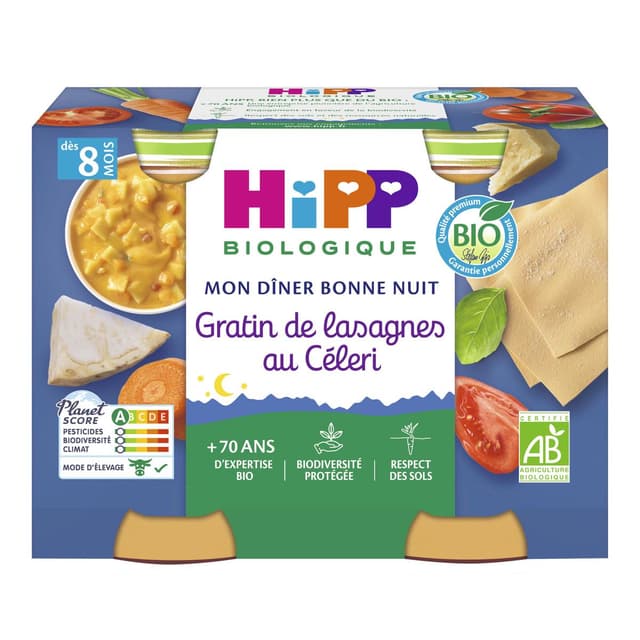 4062300056251 - Hipp - Mon Dîner Bonne Nuit - Gratin de Lasagnes au Céleri Bio Pot Bébé Dès 8 mois