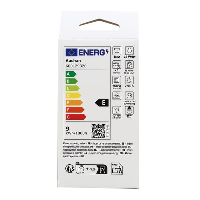 3665257387051 - Auchan - Ampoule B22 - 11W Blanc Chaud opaque