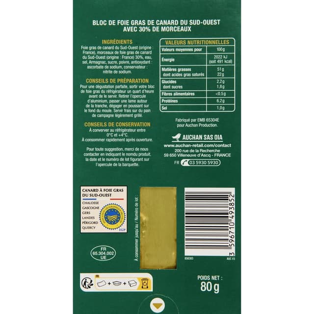 3596710493852 - Auchan - Bloc de foie gras de canard du Sud-Ouest avec morceaux