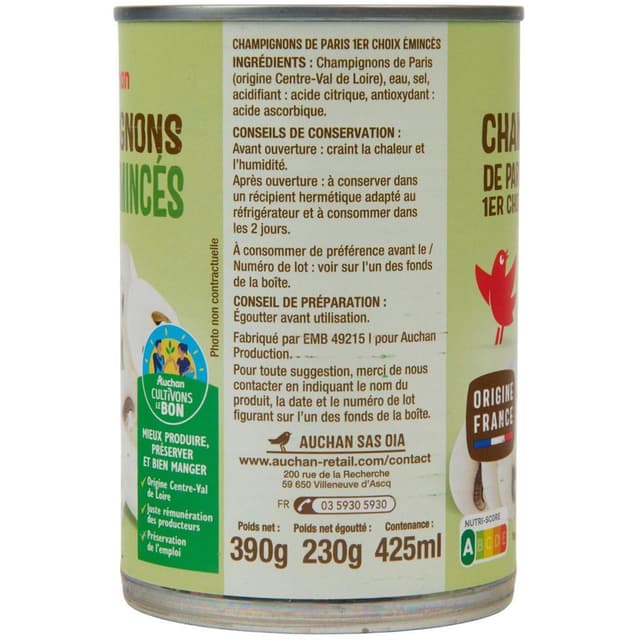 3596710356652 - Auchan - Champignons de Paris premier choix émincés