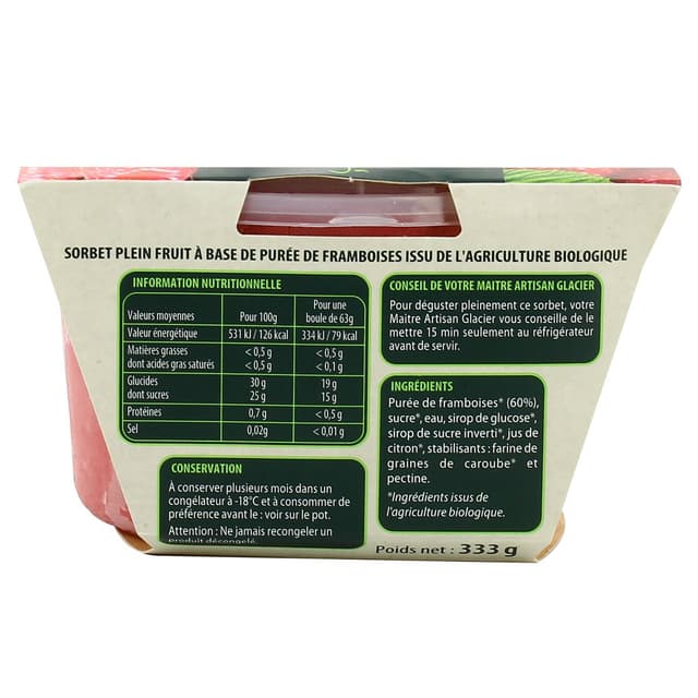 3760039980953 - L'Angelys - Sorbet artisanal plein fruit (60%) BIO Framboise 500ml