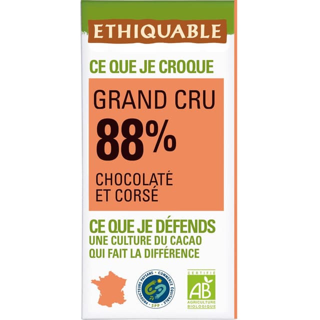 3760091725554 - Ethiquable - Commerce Equitable - Chocolat Noir 88% Cacao Bio du Pérou ou Côte d'Ivoire