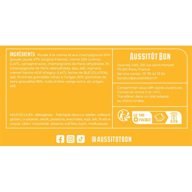 3701565400355 - Aussitôt Bon - Poulet à la Crème d'Isigny, champignons, Pommes Grenailles Rôties