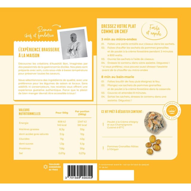 3701565400355 - Aussitôt Bon - Poulet à la Crème d'Isigny, champignons, Pommes Grenailles Rôties