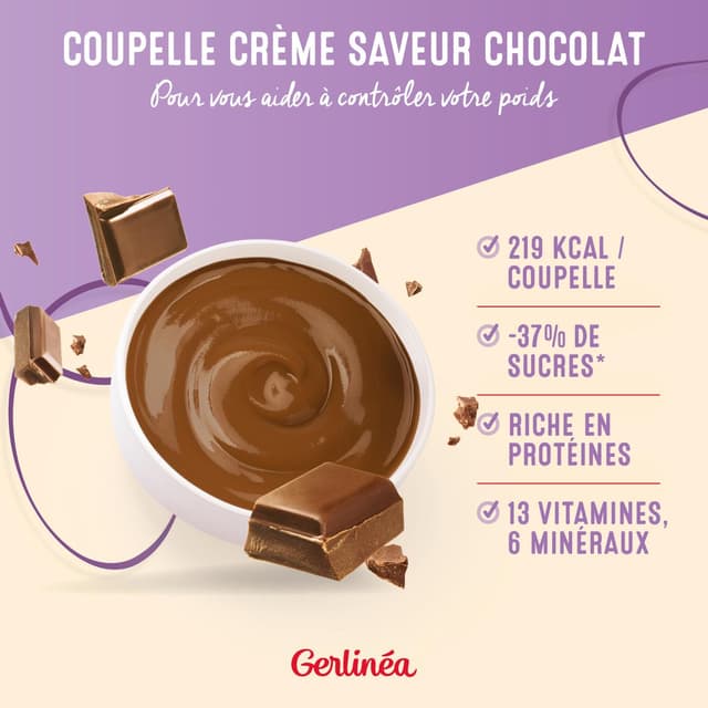 3175680906755 - Gerlinéa - 3 Coupelles crème saveur chocolat -37% de sucres en moins