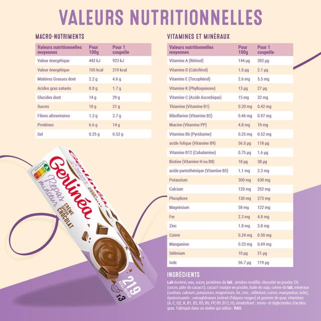 3175680906755 - Gerlinéa - 3 Coupelles crème saveur chocolat -37% de sucres en moins