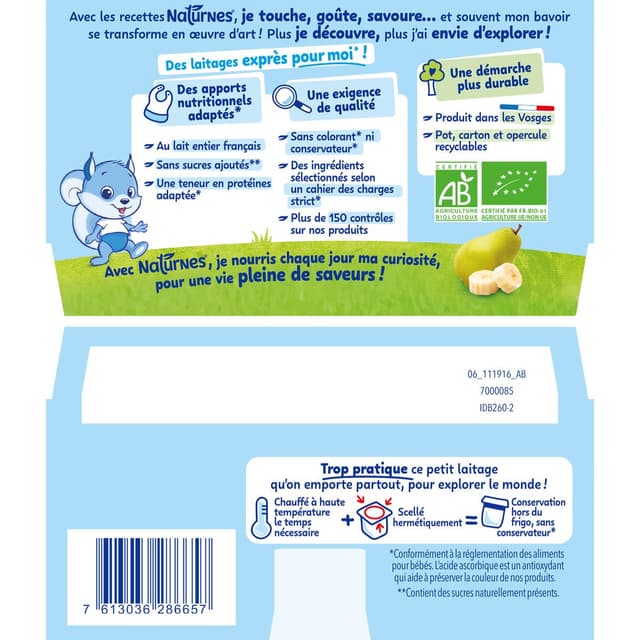 7613036286657 - Naturnes® - P'tit Brassé - Dessert Lacté Banane Poire Bio Coupelle Bébé Dès 6 mois
