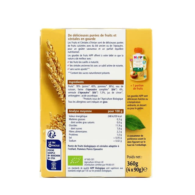 4062300405158 - Hipp - Fruits & Céréales d'Antan - Pommes Poires Epeautre Bio Gourde Bébé Dès 6 mois