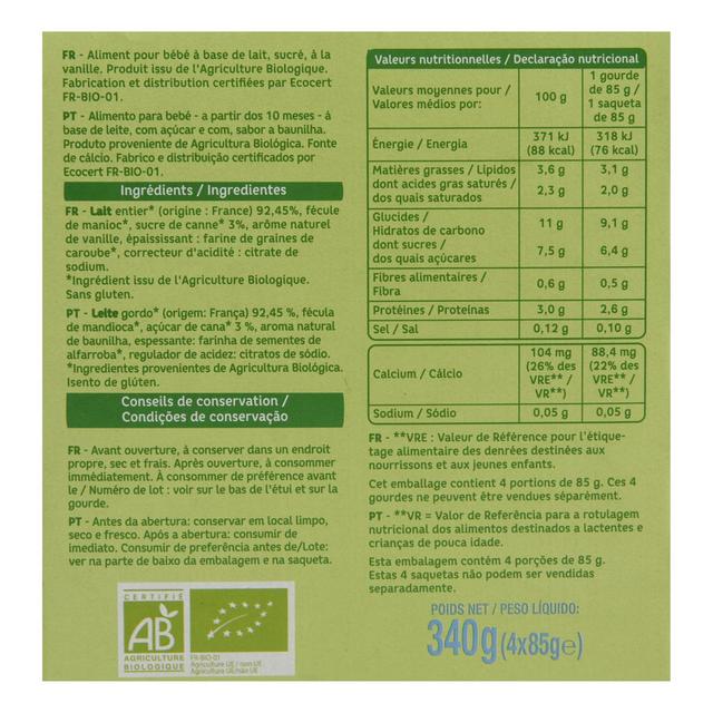 3596710477258 - Auchan Baby Bio - Dessert lacté Saveur Vanille Bio Gourde Bébé dès 10 mois