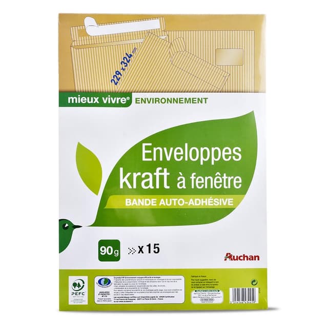 3254566434459 - Auchan - 15 enveloppes à fenêtre auto-adhésives