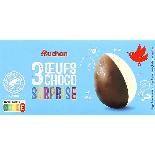 3596710496259 - Auchan - Oeufs surprise au chocolat au lait et chocolat blanc x3